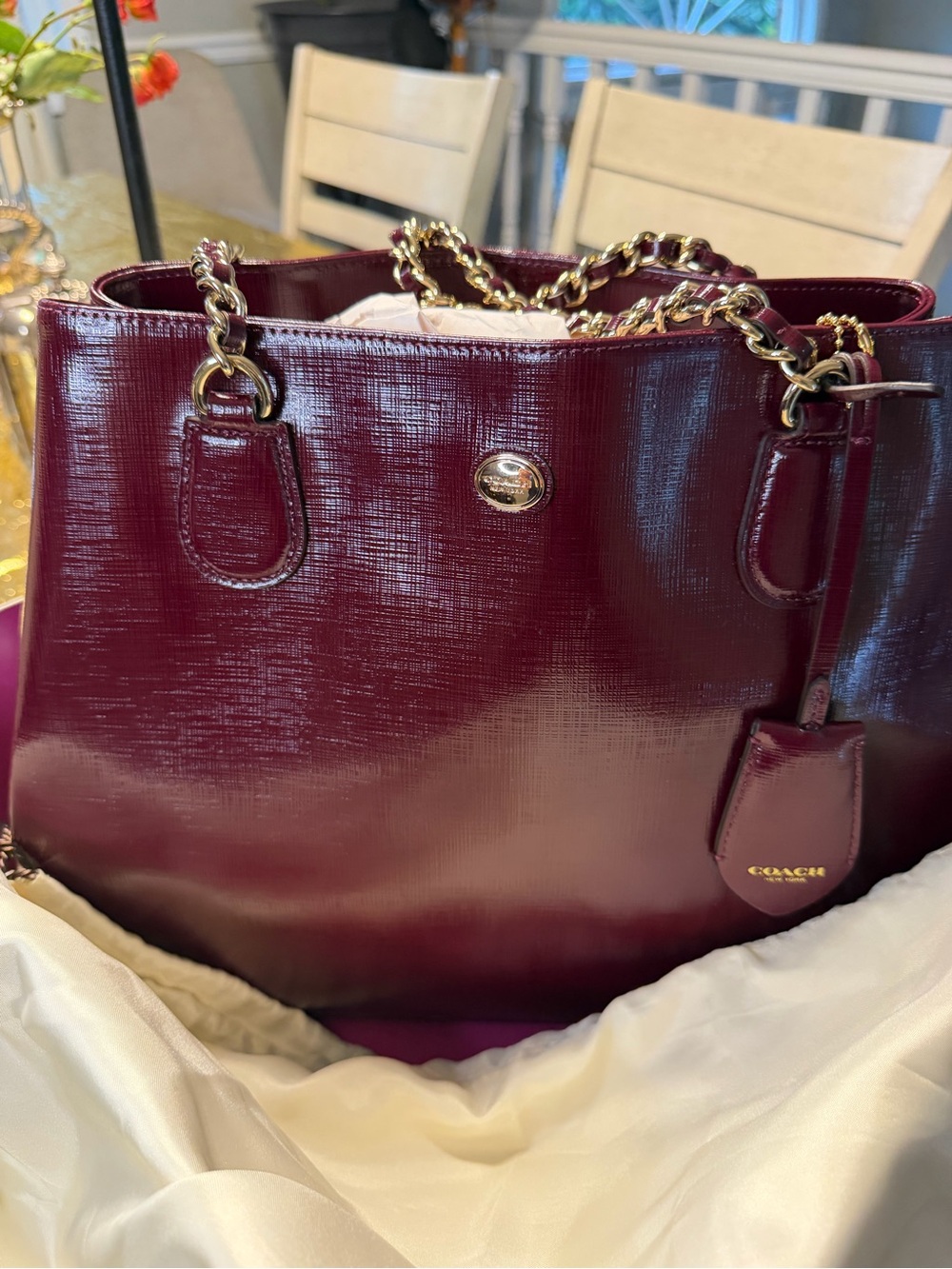 Coach Burgundy Patent Leather Tote with Gold Chain Handles